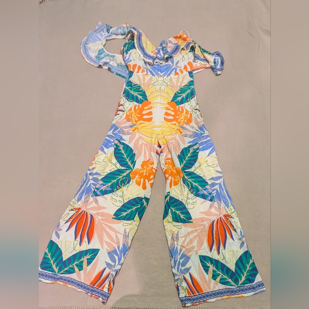 Flying Tomato Size Small Tropical Off-Shoulder Wide Leg Jumpsuit